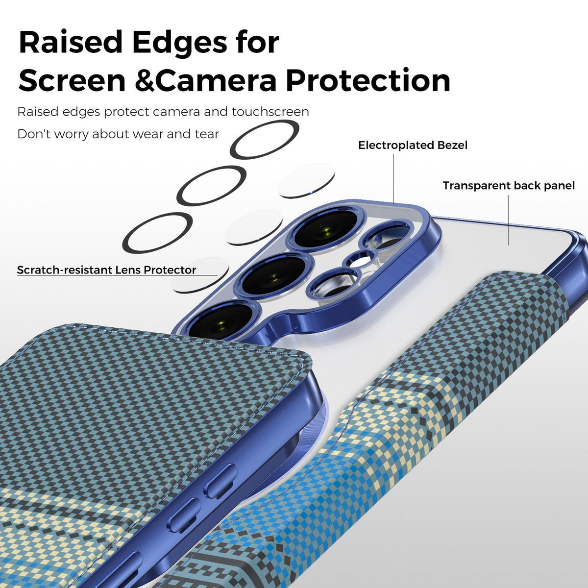 For Galaxy S26 Ultra 5G Color-plaid Shield Magnetic RFID Vegan Leather Phone Case - Blue - EDA009874703E