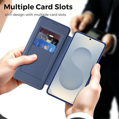 For Galaxy S26 Ultra 5G Color-plaid Shield Magnetic RFID Vegan Leather Phone Case - Blue - EDA009874703E