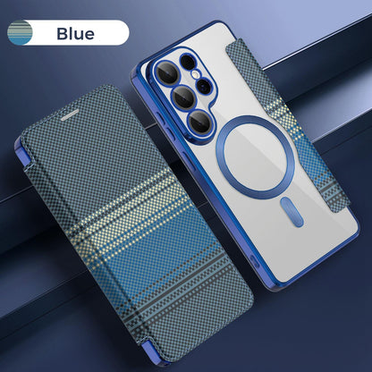 For Galaxy S26 Ultra 5G Color-plaid Shield Magnetic RFID Vegan Leather Phone Case - Blue - EDA009874703E