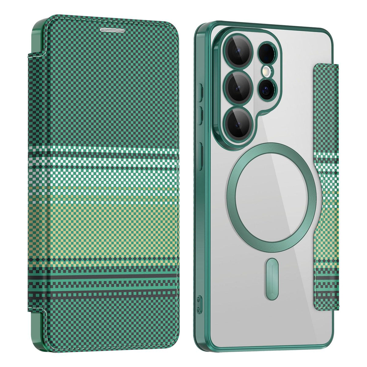 For Galaxy S26 Ultra 5G Color-plaid Shield Magnetic RFID Vegan Leather Phone Case - Green - EDA009874703F