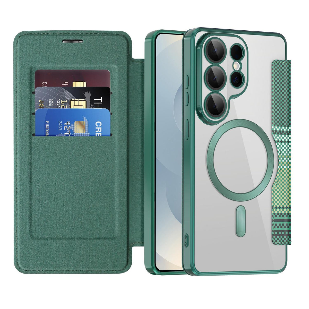 For Galaxy S26 Ultra 5G Color-plaid Shield Magnetic RFID Vegan Leather Phone Case - Green - EDA009874703F