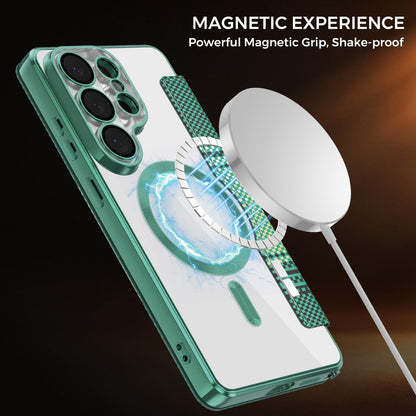 For Galaxy S26 Ultra 5G Color-plaid Shield Magnetic RFID Vegan Leather Phone Case - Green - EDA009874703F