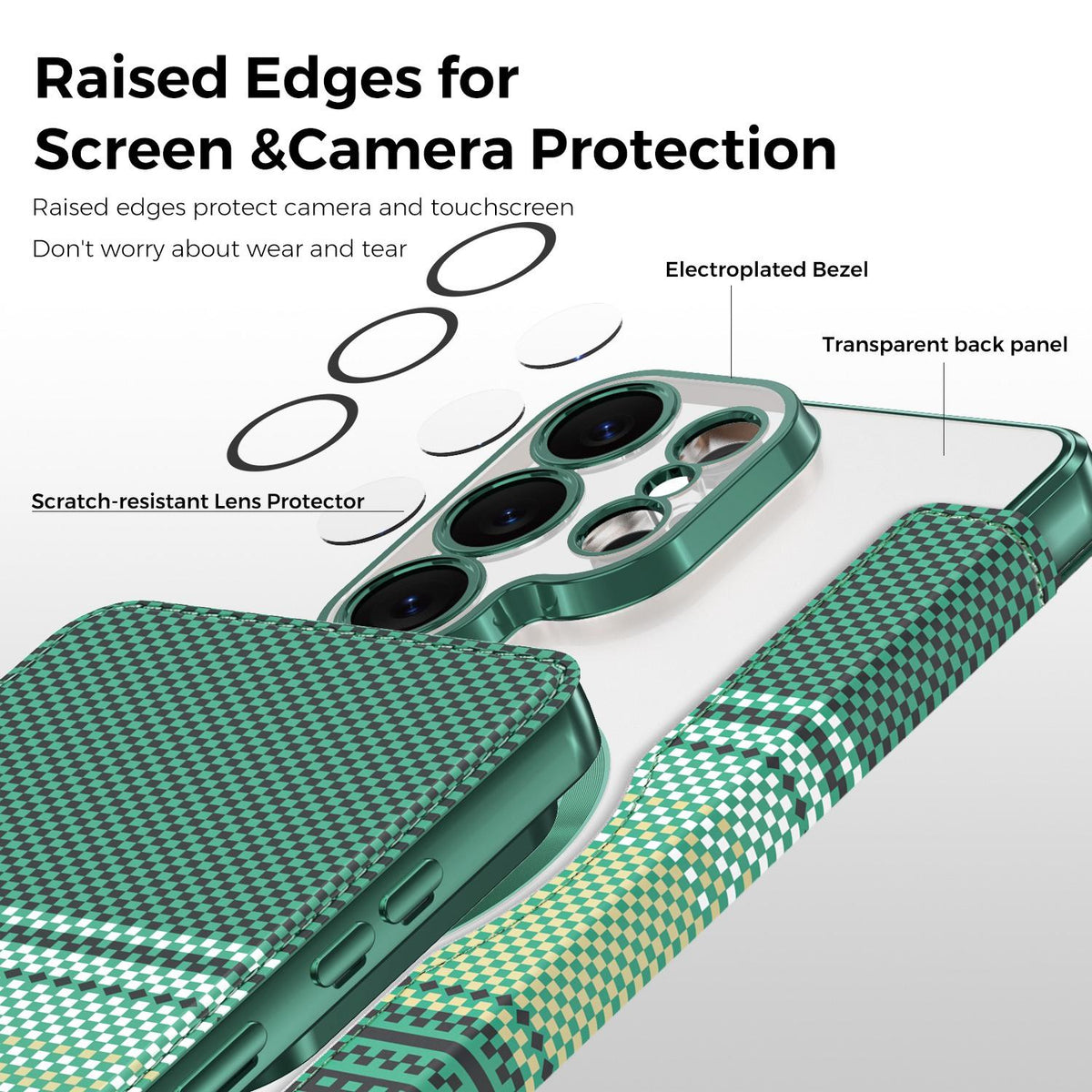 For Galaxy S26 Ultra 5G Color-plaid Shield Magnetic RFID Vegan Leather Phone Case - Green - EDA009874703F