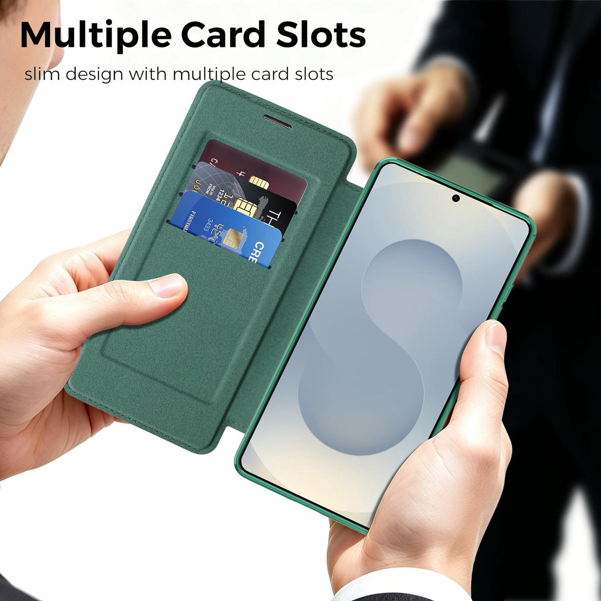 For Galaxy S26 Ultra 5G Color-plaid Shield Magnetic RFID Vegan Leather Phone Case - Green - EDA009874703F