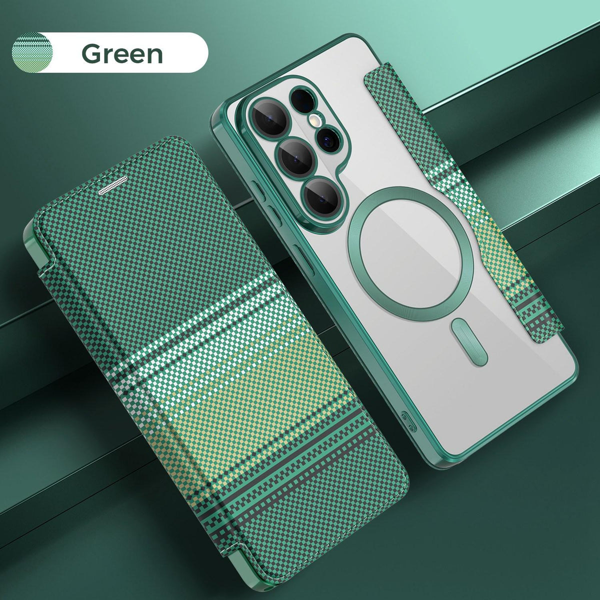 For Galaxy S26 Ultra 5G Color-plaid Shield Magnetic RFID Vegan Leather Phone Case - Green - EDA009874703F