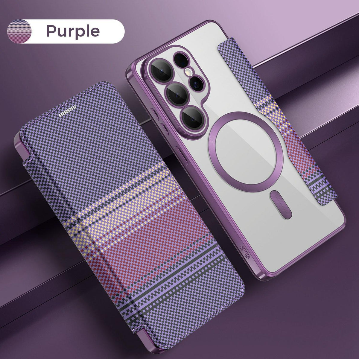 For Galaxy S26 Ultra 5G Color-plaid Shield Magnetic RFID Vegan Leather Phone Case - Purple - EDA009874703G