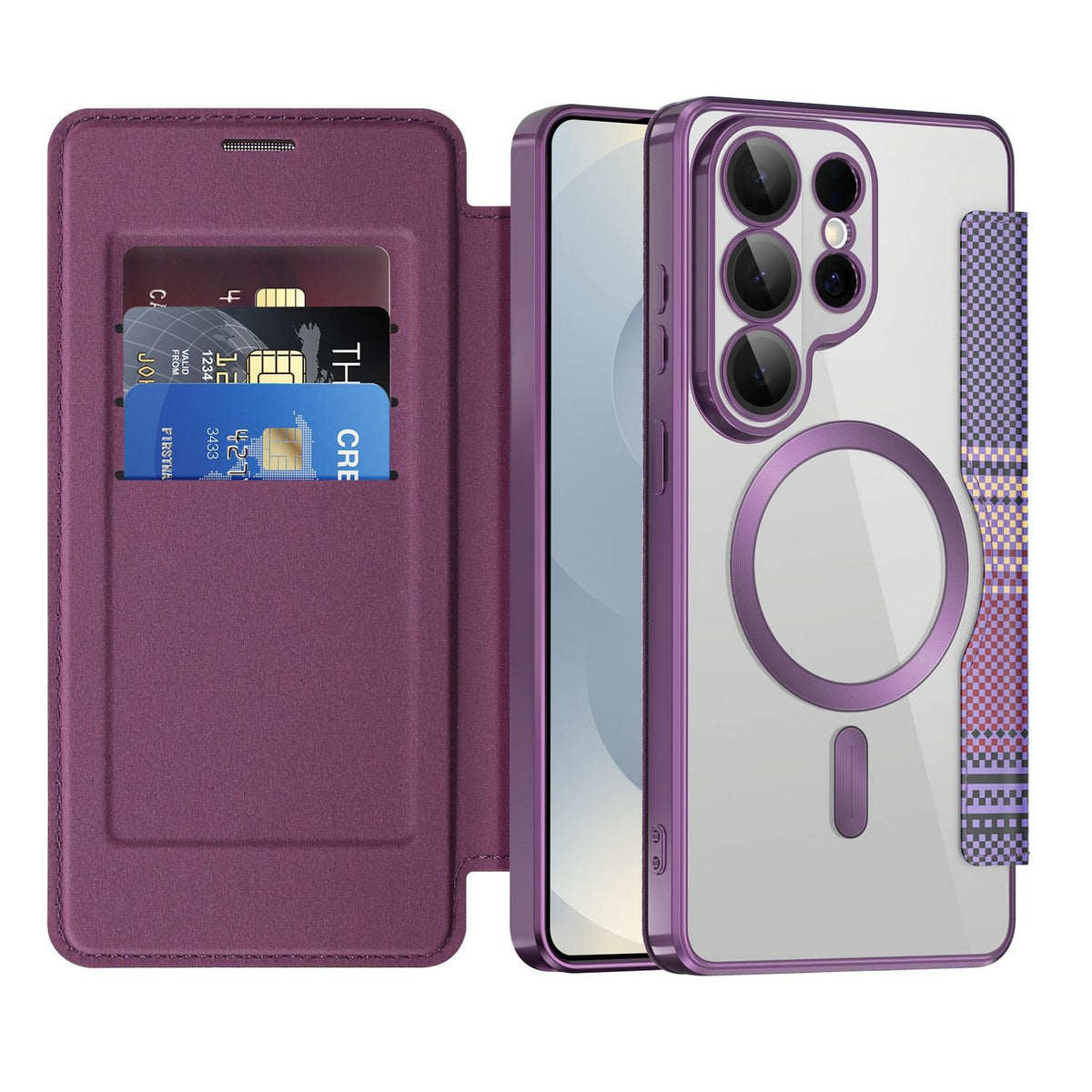For Galaxy S26 Ultra 5G Color-plaid Shield Magnetic RFID Vegan Leather Phone Case - Purple - EDA009874703G