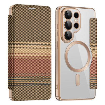 For Galaxy S26 Ultra 5G Color-plaid Shield Magnetic RFID Vegan Leather Phone Case - Brown - EDA009874703H
