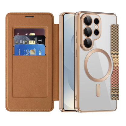 For Galaxy S26 Ultra 5G Color-plaid Shield Magnetic RFID Vegan Leather Phone Case - Brown - EDA009874703H