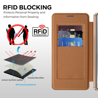 For Galaxy S26 Ultra 5G Color-plaid Shield Magnetic RFID Vegan Leather Phone Case - Brown - EDA009874703H