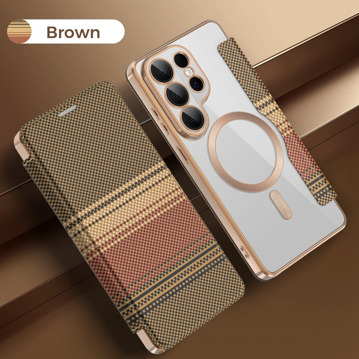 For Galaxy S26 Ultra 5G Color-plaid Shield Magnetic RFID Vegan Leather Phone Case - Brown - EDA009874703H