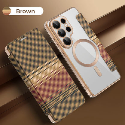 For Galaxy S26 Ultra 5G Color-plaid Shield Magnetic RFID Vegan Leather Phone Case - Brown - EDA009874703H