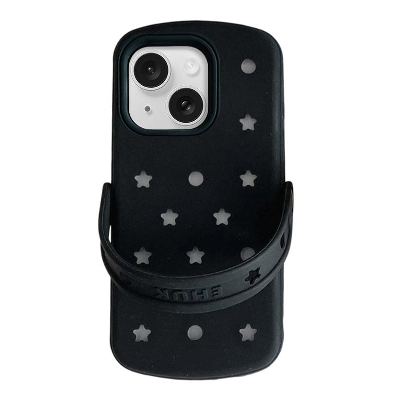 For iPhone 15 Five-pointed Star Hole Slippers Silicone Phone Case - Black - EDA009881911A