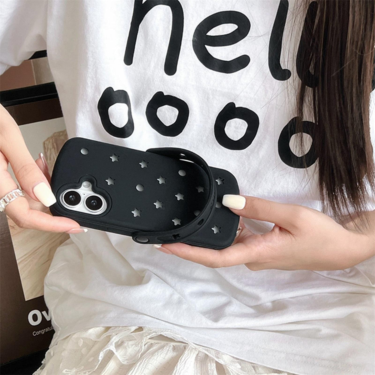 For iPhone 14 Pro Max Five-pointed Star Hole Slippers Silicone Phone Case - White - EDA009881915B