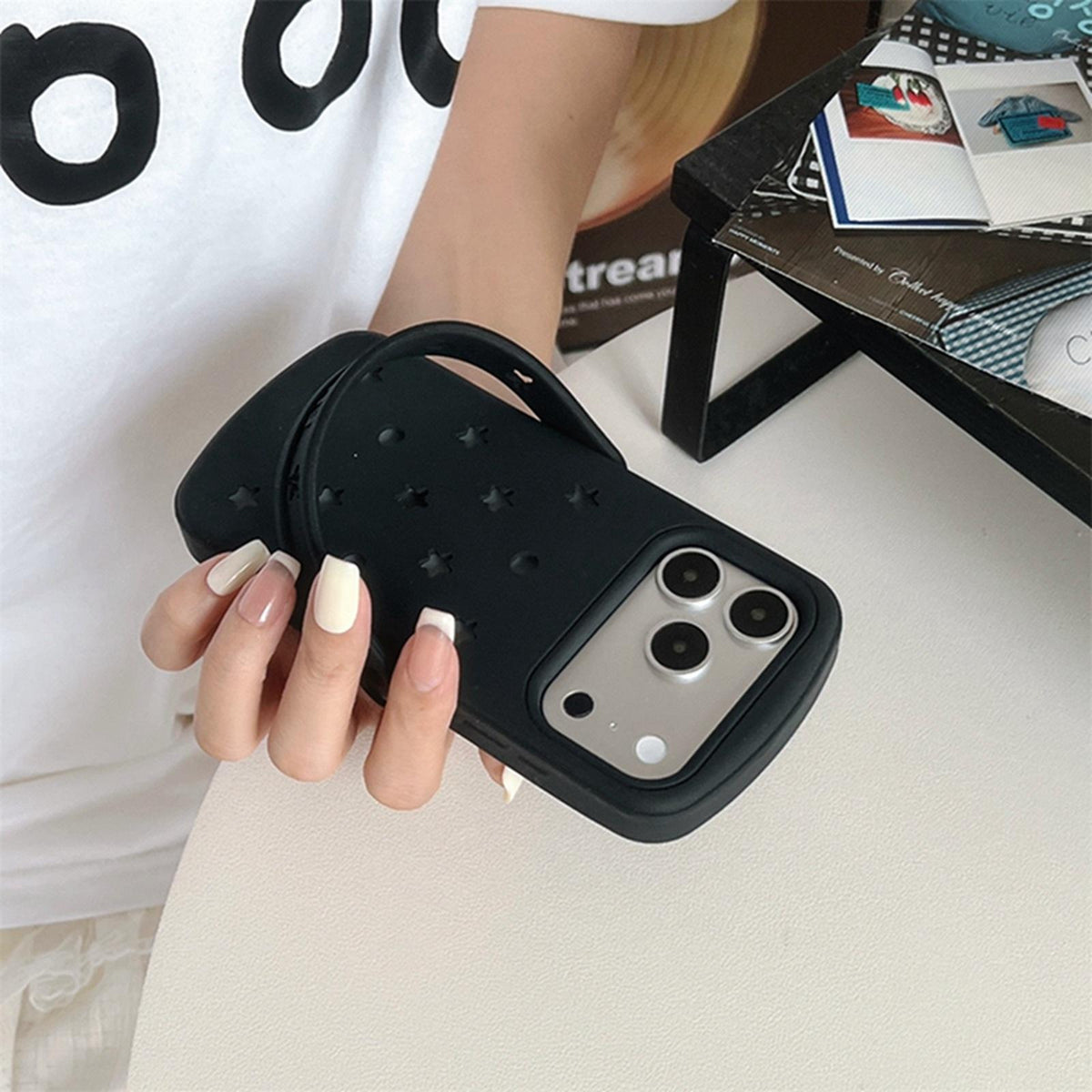 For iPhone 14 Pro Max Five-pointed Star Hole Slippers Silicone Phone Case - White - EDA009881915B