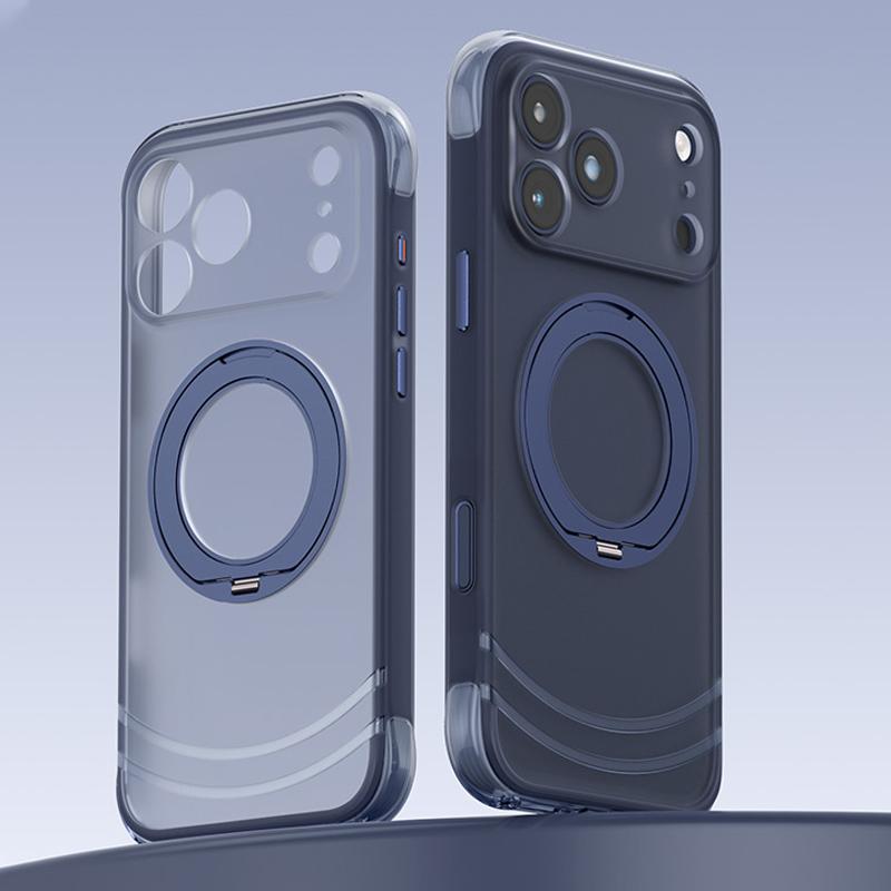 For iPhone 18 Pro Max QN2 Skin-Friendly AirBag Magnetic Shockproof Phone Case with 360 Rotation Holder - Dark Blue - EDA009883602D