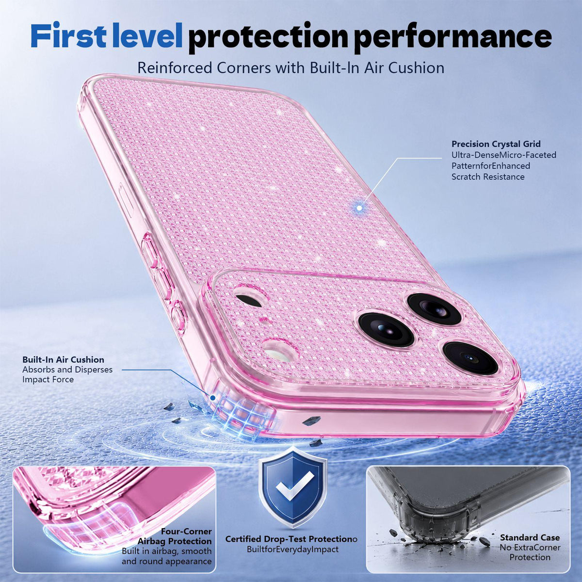 For iPhone 18 Pro Sparkling Diamond Glitter Airbag Phone Case - Pink - EDA009883702C
