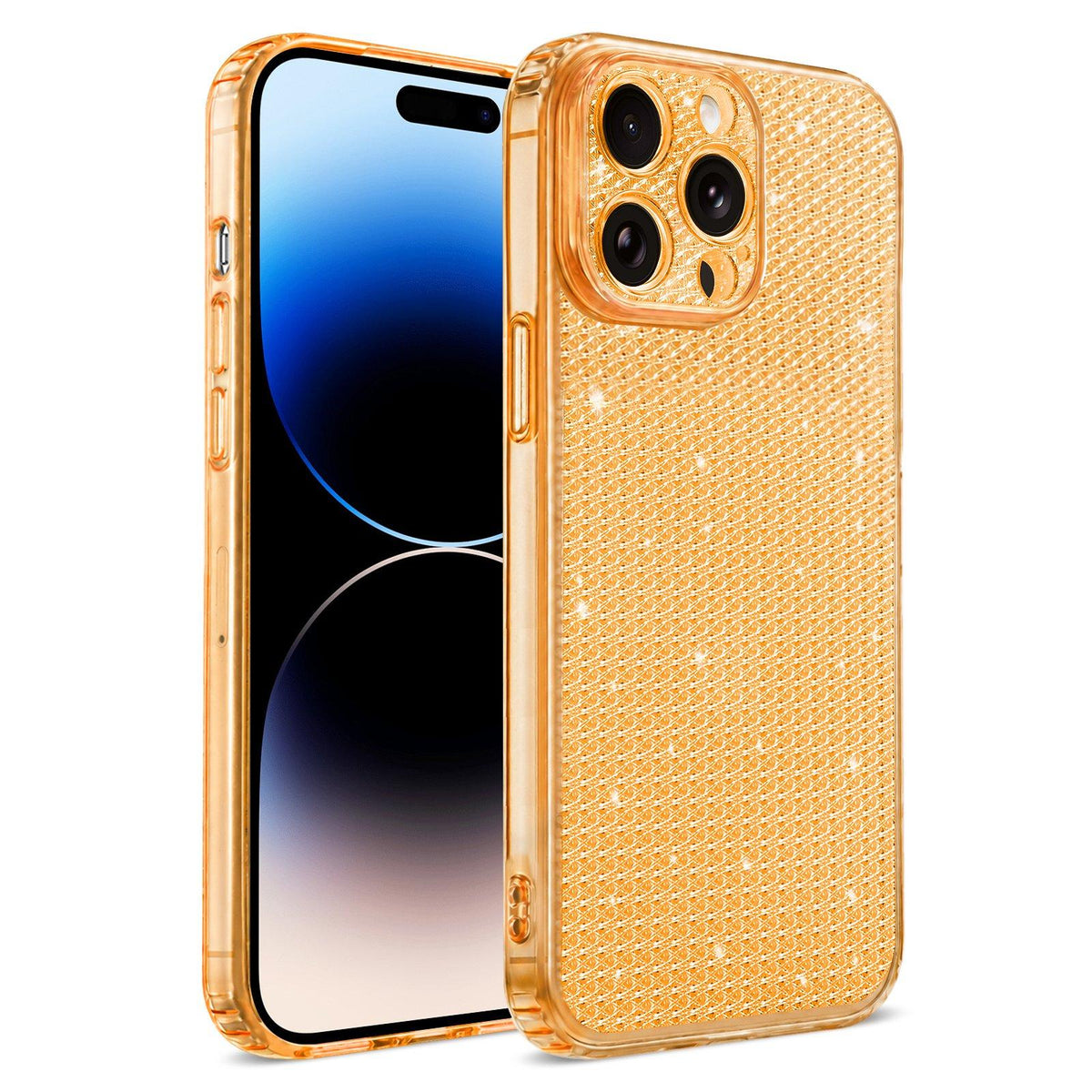 For iPhone 14 Pro Sparkling Diamond Glitter Airbag Phone Case - Orange - EDA009883713B
