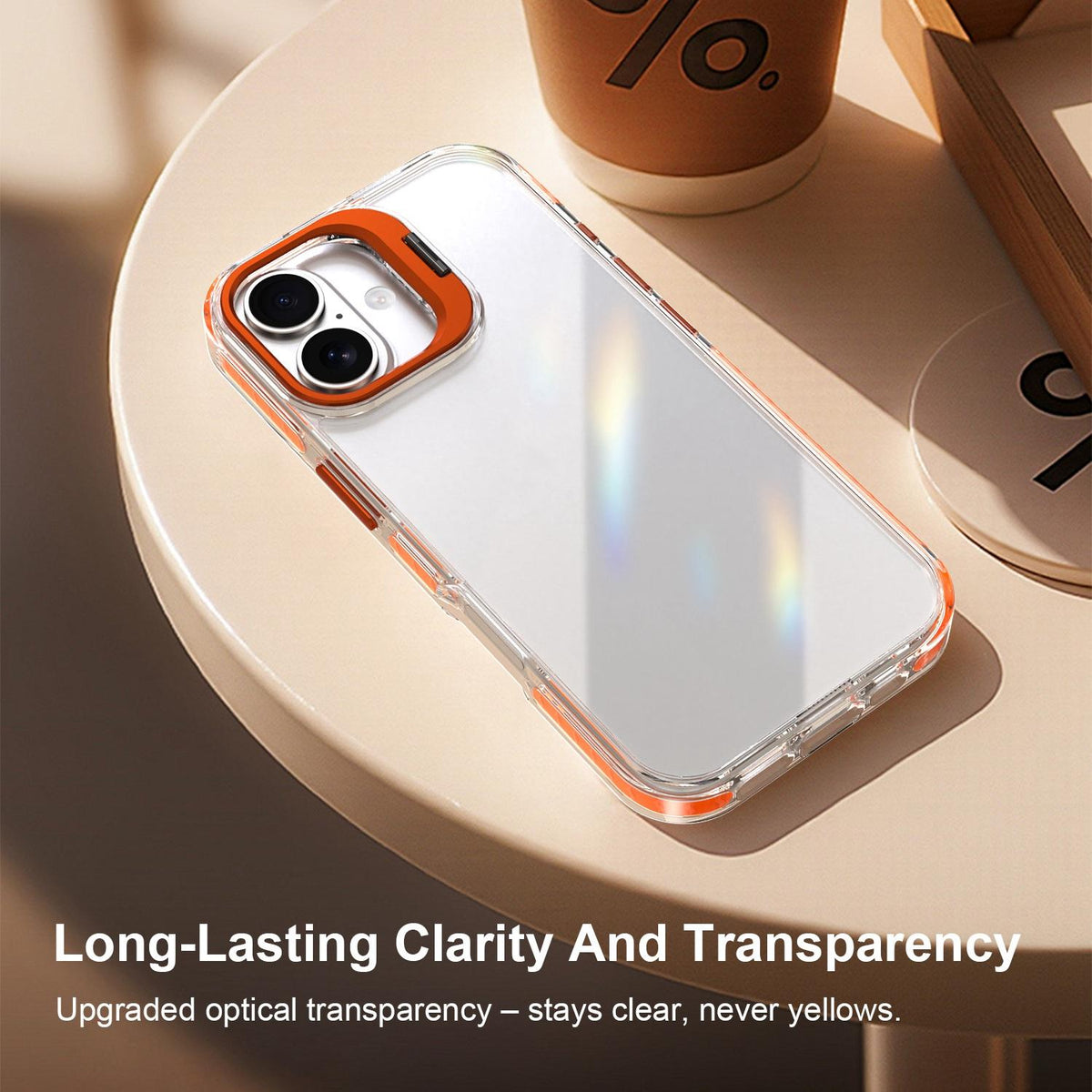 For iPhone 17 Lens Frame Holder Acrylic TPU Phone Case - Clear Orange - EDA009890905A