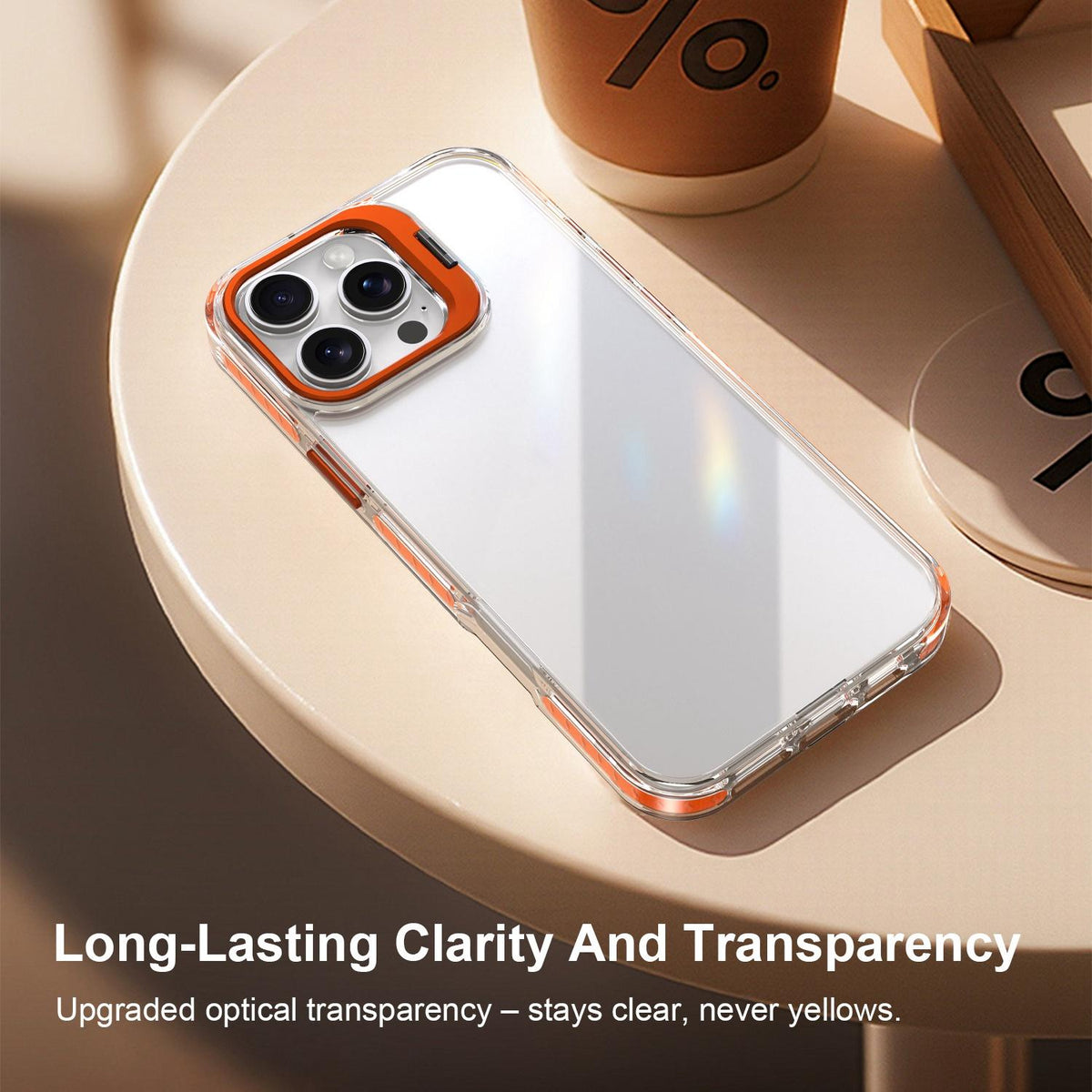 For iPhone 16 Pro Lens Frame Holder Acrylic TPU Phone Case - Clear Orange - EDA009890908A