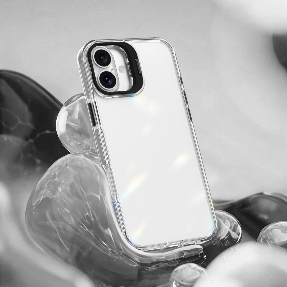 For iPhone 16 Plus Lens Frame Holder Acrylic TPU Phone Case - Clear Black - EDA009890909C