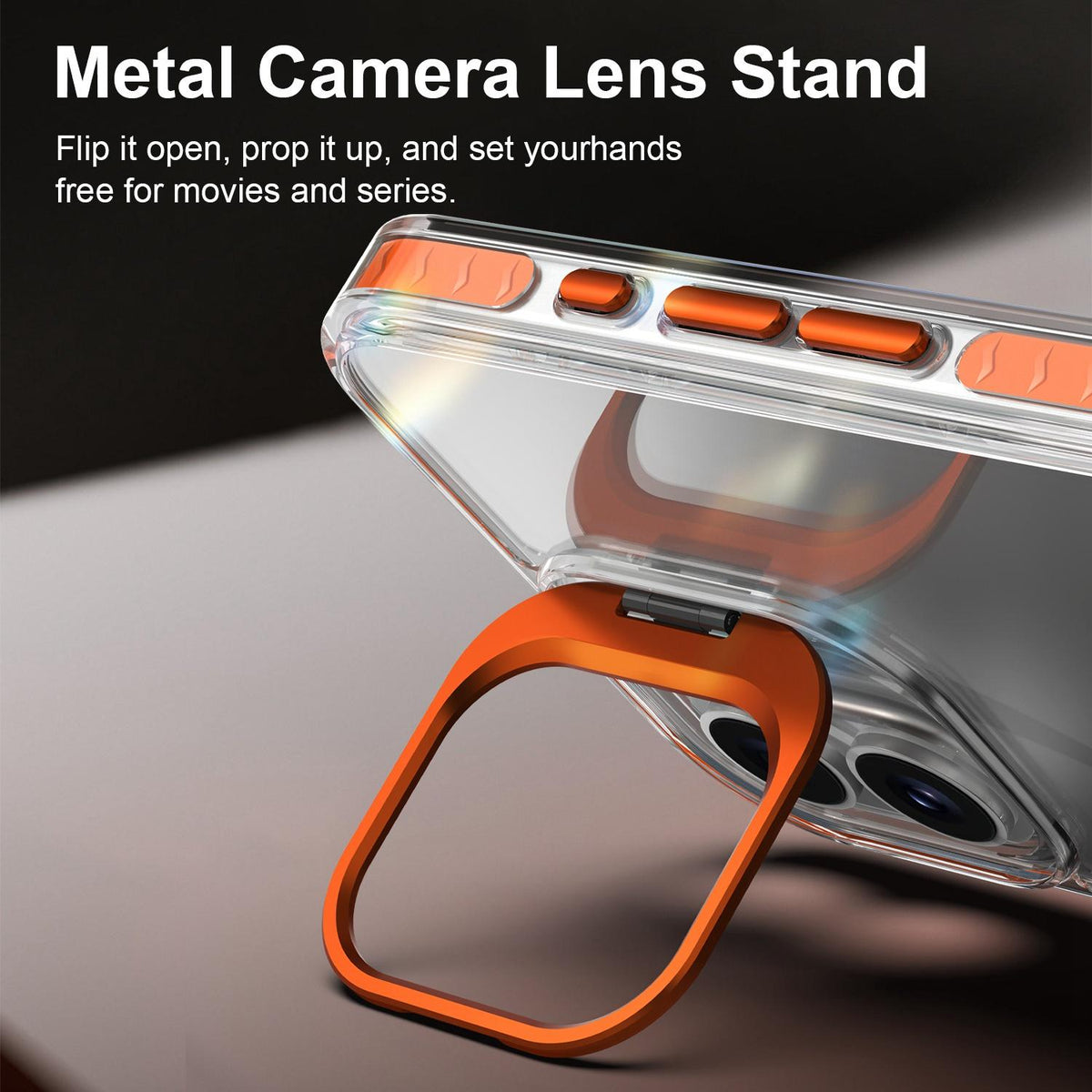 For iPhone 16 Lens Frame Holder Acrylic TPU Phone Case - Clear Orange - EDA009890910A