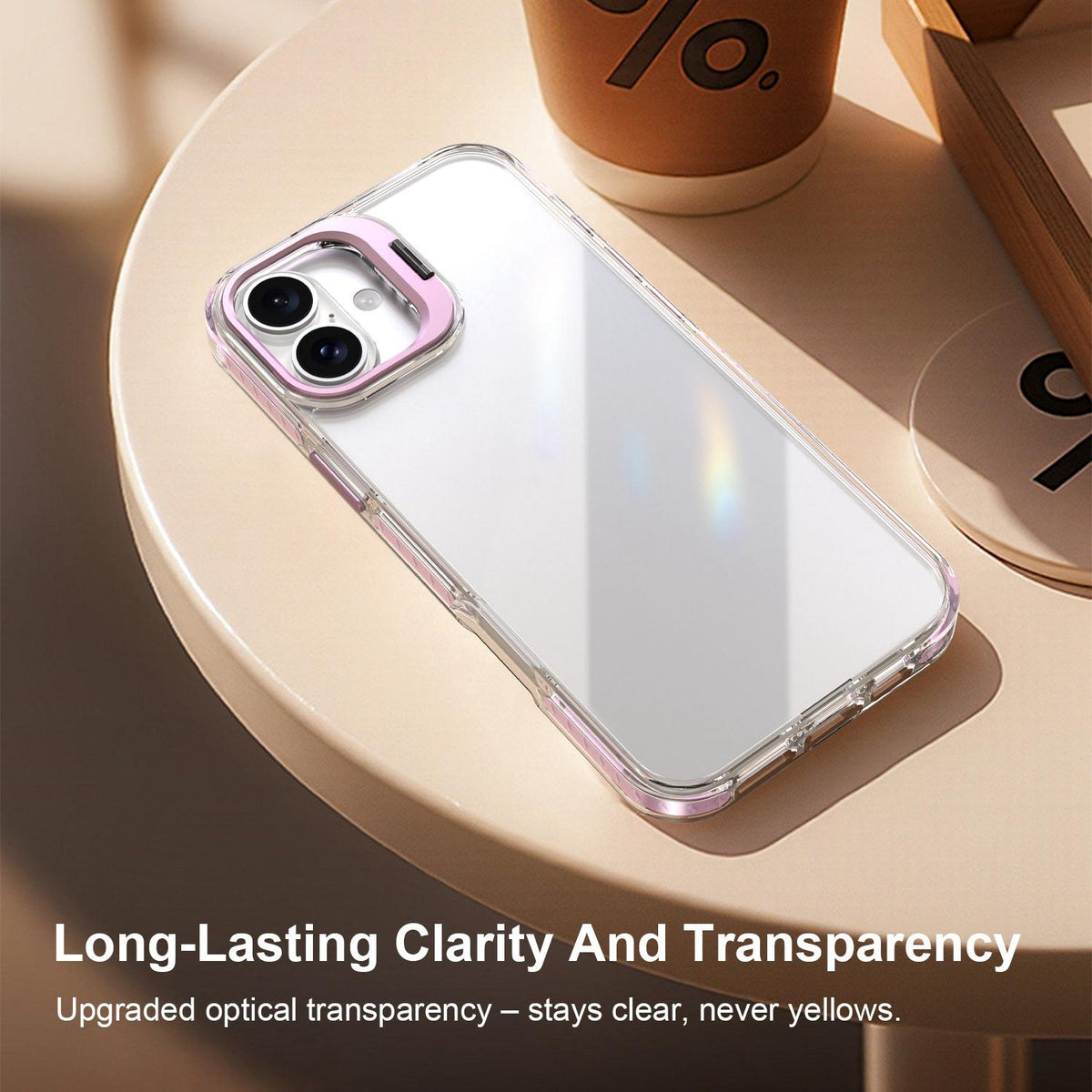 For iPhone 16 Lens Frame Holder Acrylic TPU Phone Case - Clear Pink - EDA009890910B