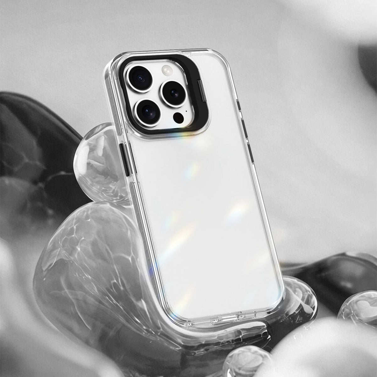 For iPhone 15 Pro Max Lens Frame Holder Acrylic TPU Phone Case - Clear Black - EDA009890911C