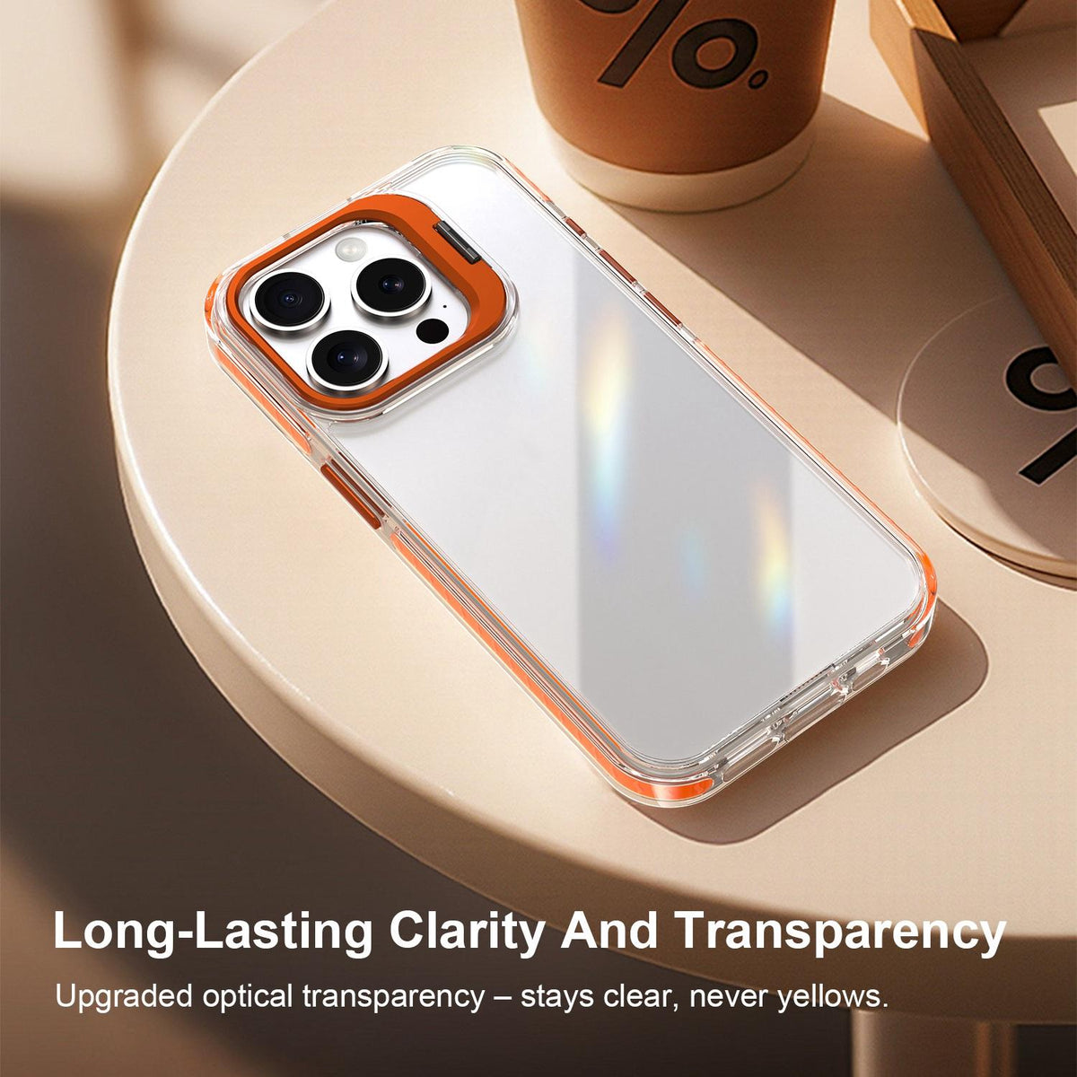 For iPhone 15 Pro Lens Frame Holder Acrylic TPU Phone Case - Clear Orange - EDA009890912A