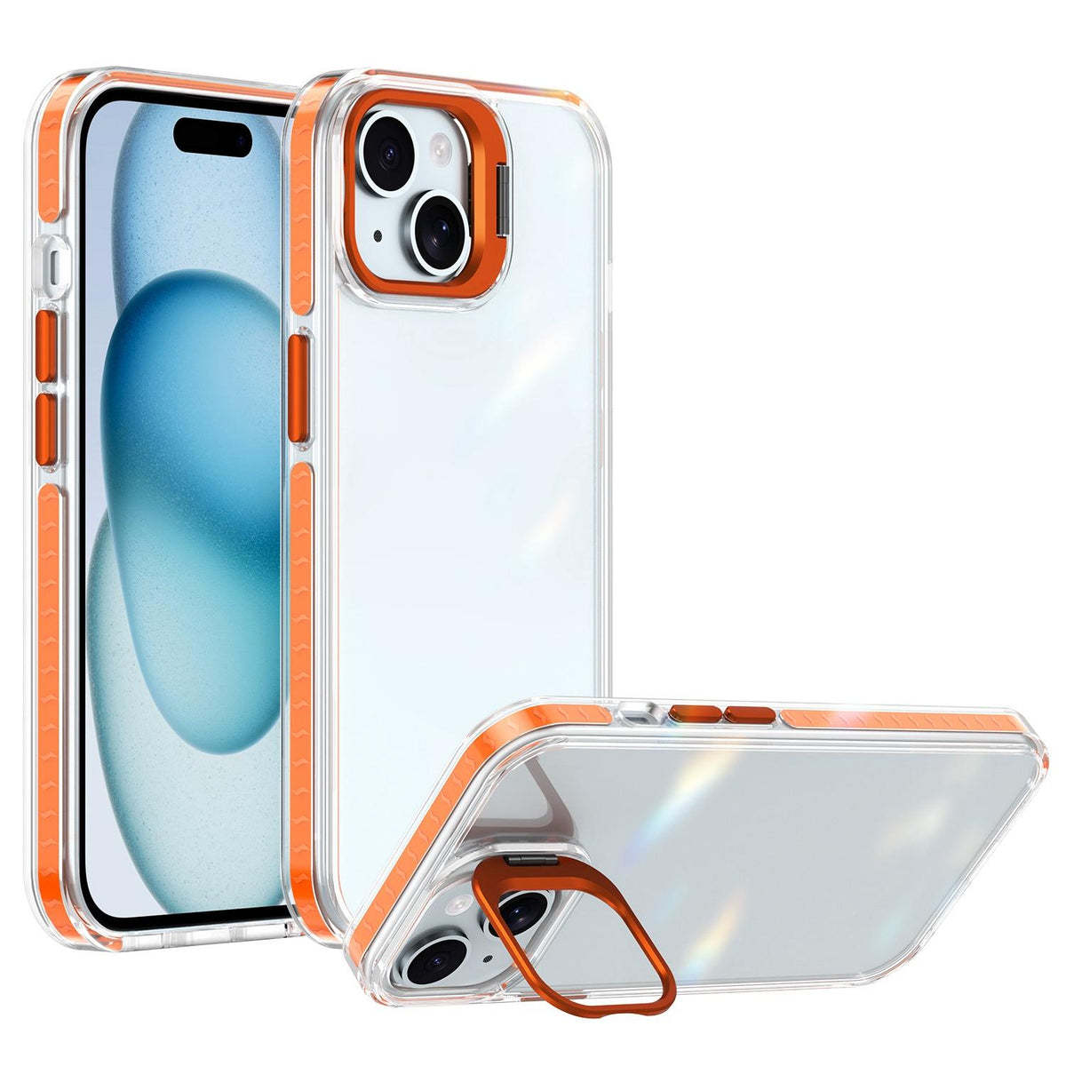For iPhone 15 Plus Lens Frame Holder Acrylic TPU Phone Case - Clear Orange - EDA009890913A