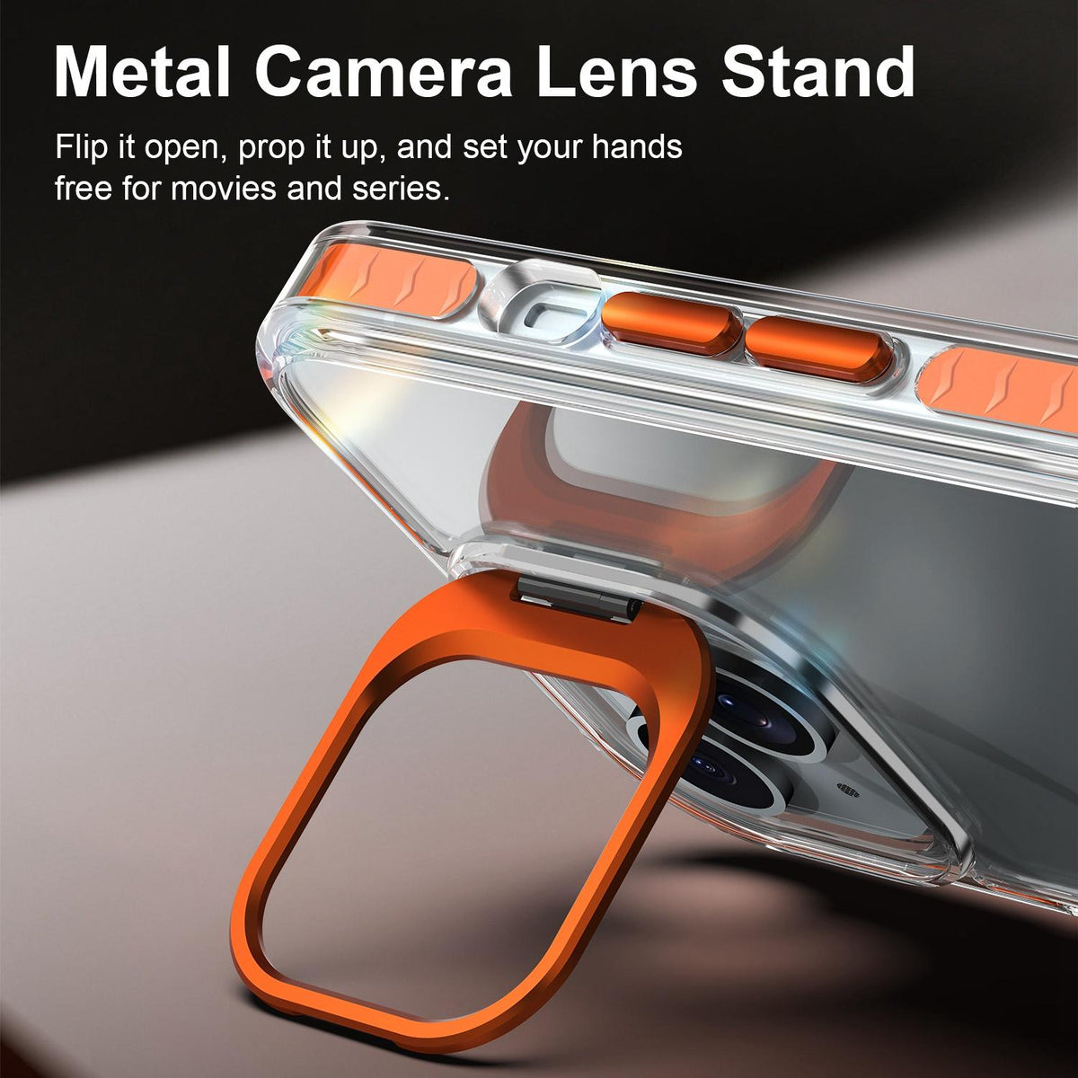For iPhone 15 Lens Frame Holder Acrylic TPU Phone Case - Clear Orange - EDA009890914A