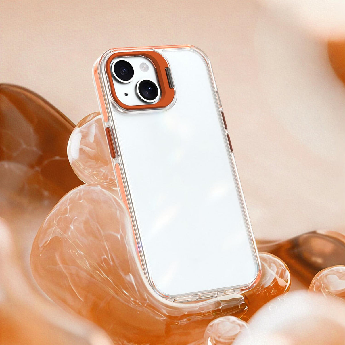 For iPhone 15 Lens Frame Holder Acrylic TPU Phone Case - Clear Orange - EDA009890914A