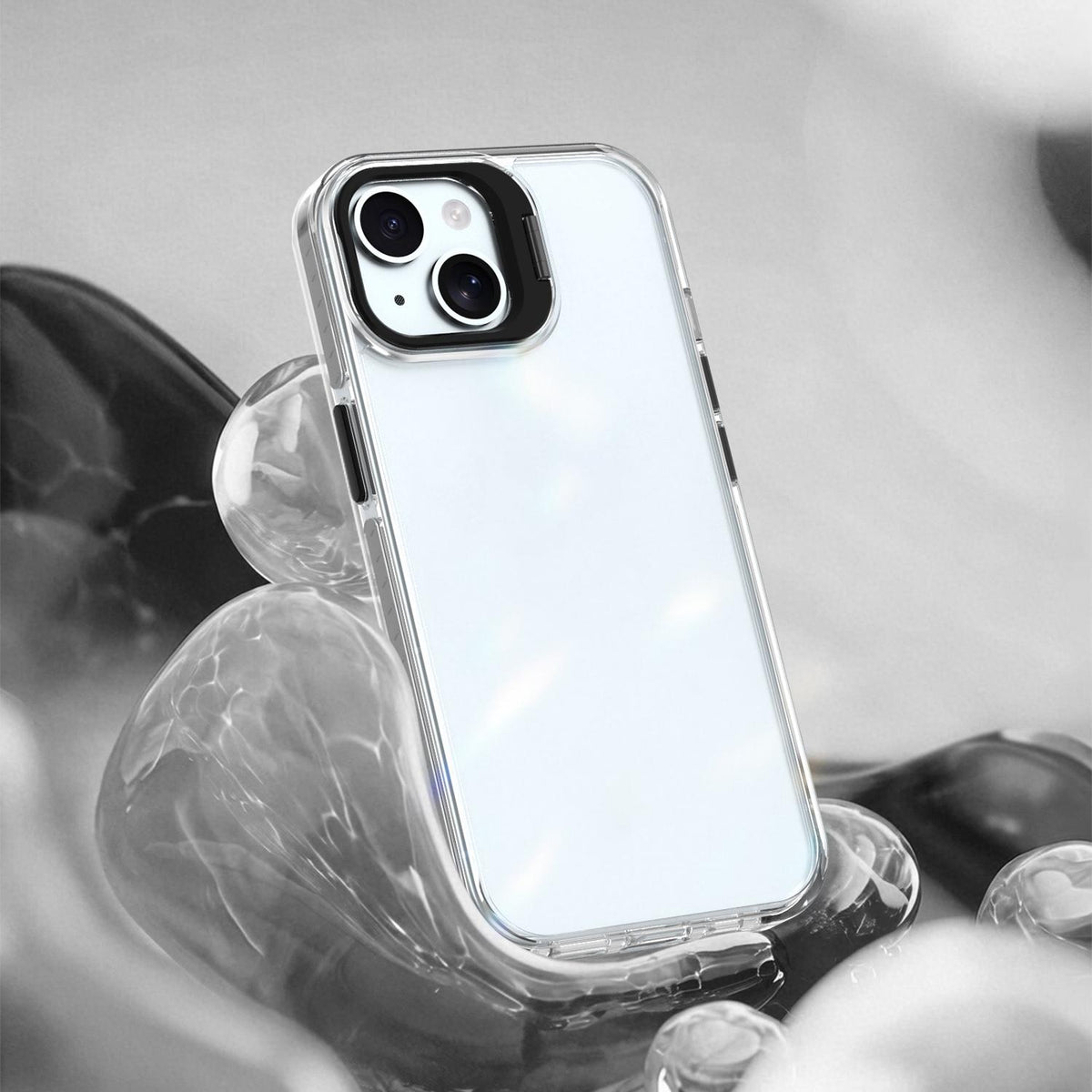 For iPhone 15 Lens Frame Holder Acrylic TPU Phone Case - Clear Black - EDA009890914C