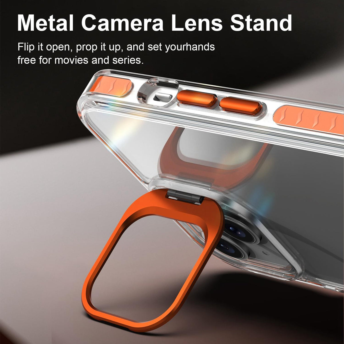 For iPhone 14 Lens Frame Holder Acrylic TPU Phone Case - Clear Orange - EDA009890916A