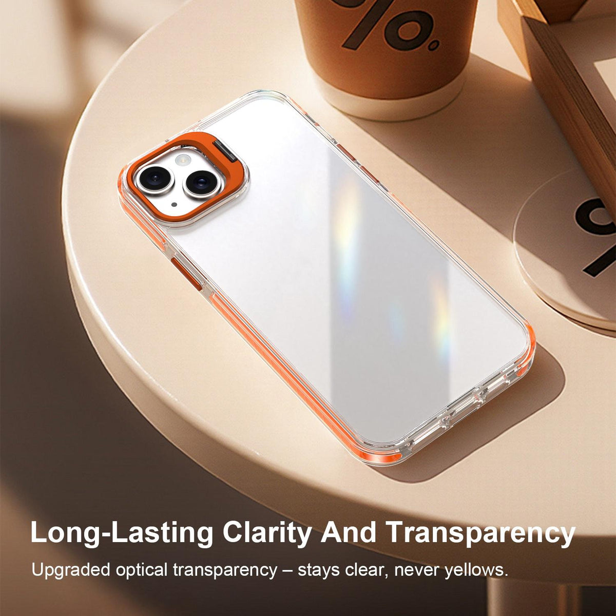 For iPhone 14 Lens Frame Holder Acrylic TPU Phone Case - Clear Orange - EDA009890916A