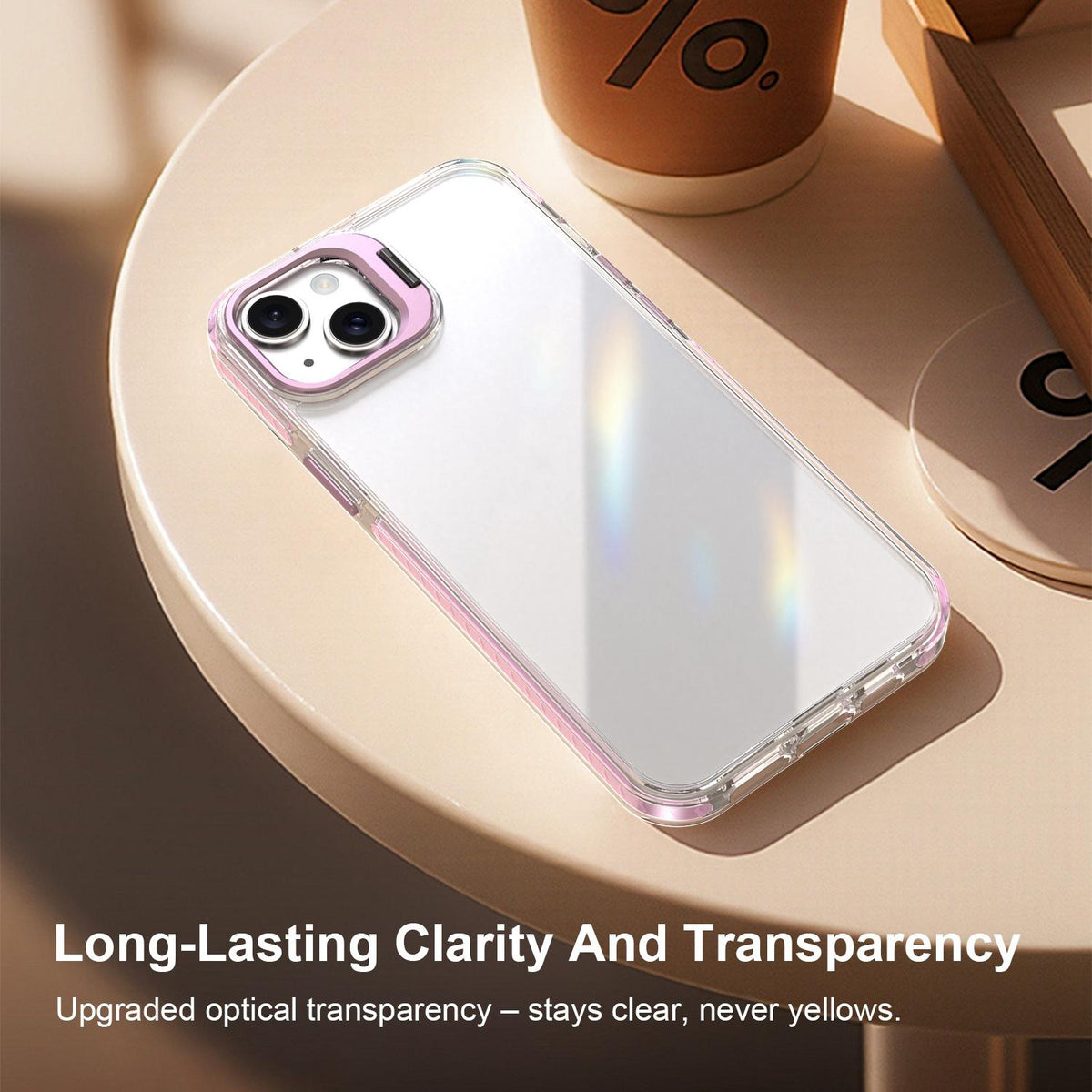 For iPhone 14 Lens Frame Holder Acrylic TPU Phone Case - Clear Pink - EDA009890916B