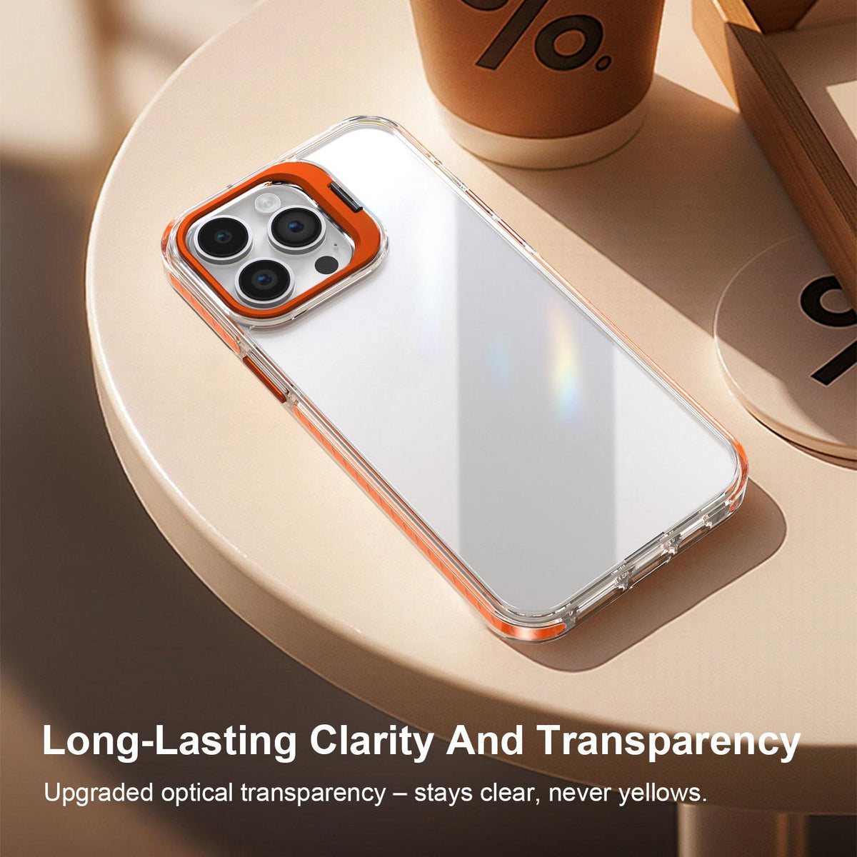 For iPhone 14 Pro Max Lens Frame Holder Acrylic TPU Phone Case - Clear Orange - EDA009890918A