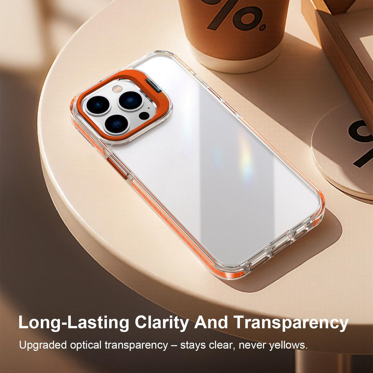 For iPhone 13 Pro Lens Frame Holder Acrylic TPU Phone Case - Clear Orange - EDA009890920A