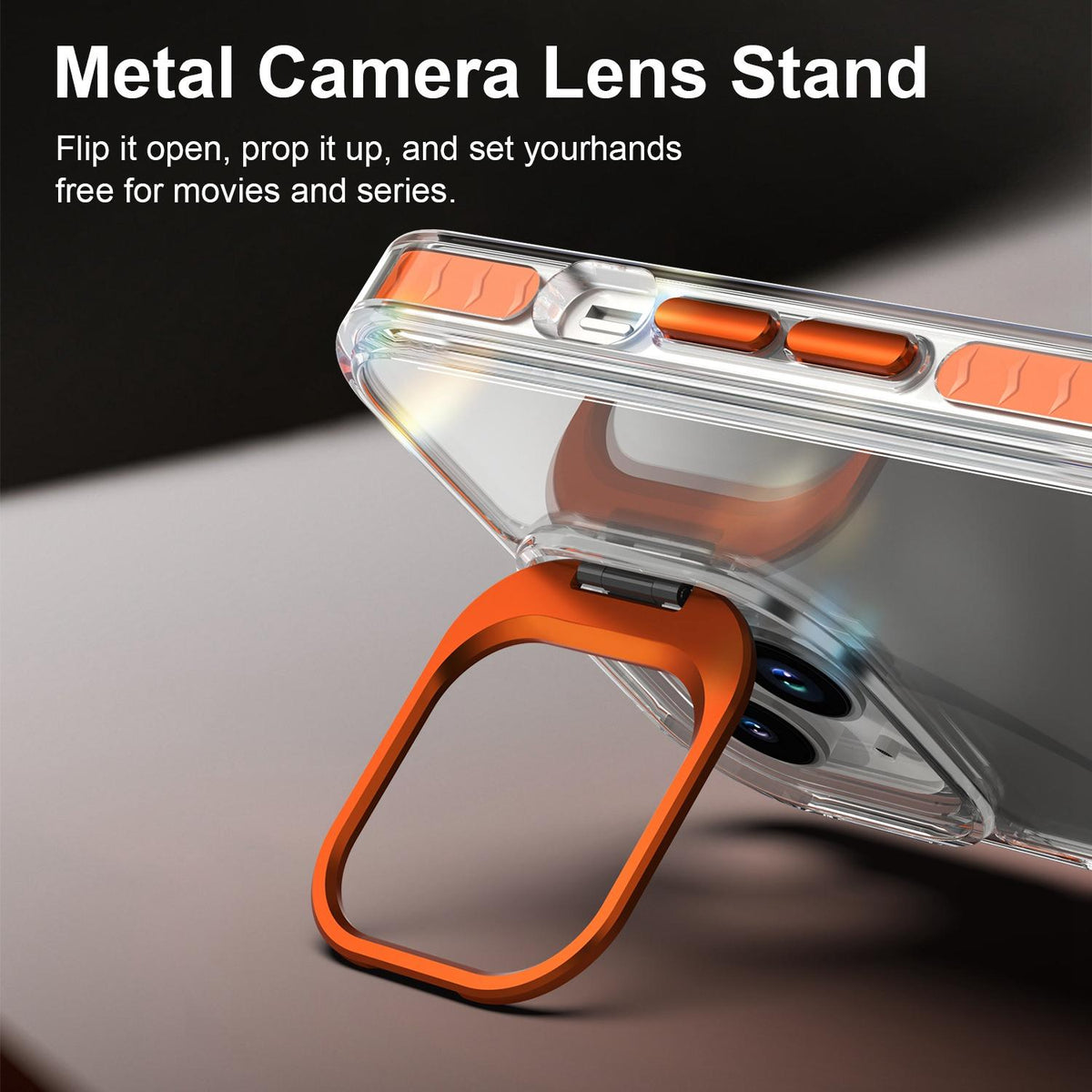 For iPhone 13 Lens Frame Holder Acrylic TPU Phone Case - Clear Orange - EDA009890921A