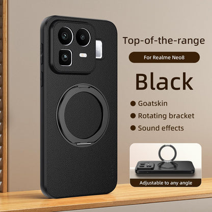For Realme Neo8 5G Goatskin Vegan Leather Magnetic Phone Case  With 360 Degree Rotating Holder - Black - EDA009891301B