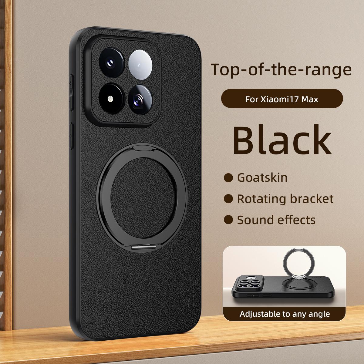 For Xiaomi 17 Max 5G Goatskin Vegan Leather Magnetic Phone Case  With 360 Degree Rotating Holder - Black - EDA009891401B