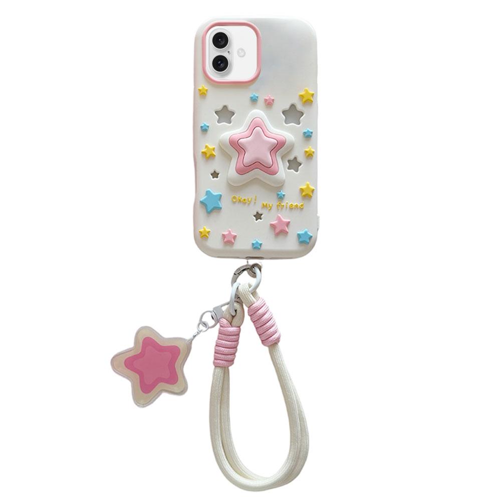 For iPhone 16 Hollow Pressable Star Silicone Phone Case with Lanyard - White - EDA009893108A