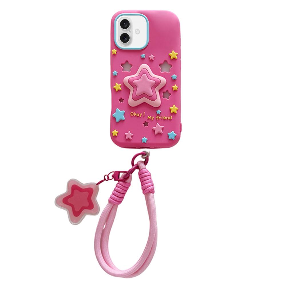 For iPhone 16 Hollow Pressable Star Silicone Phone Case with Lanyard - Rose Red - EDA009893108B