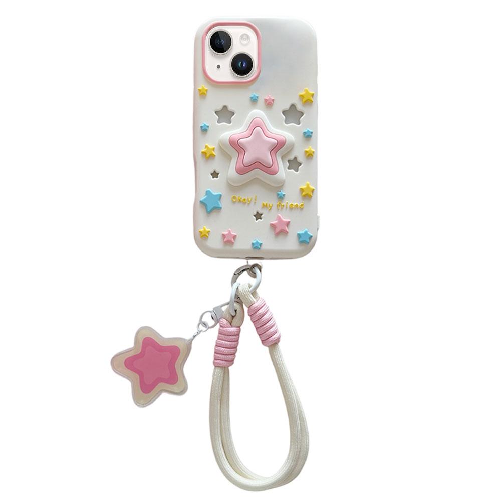 For iPhone 14 Hollow Pressable Star Silicone Phone Case with Lanyard - White - EDA009893114A