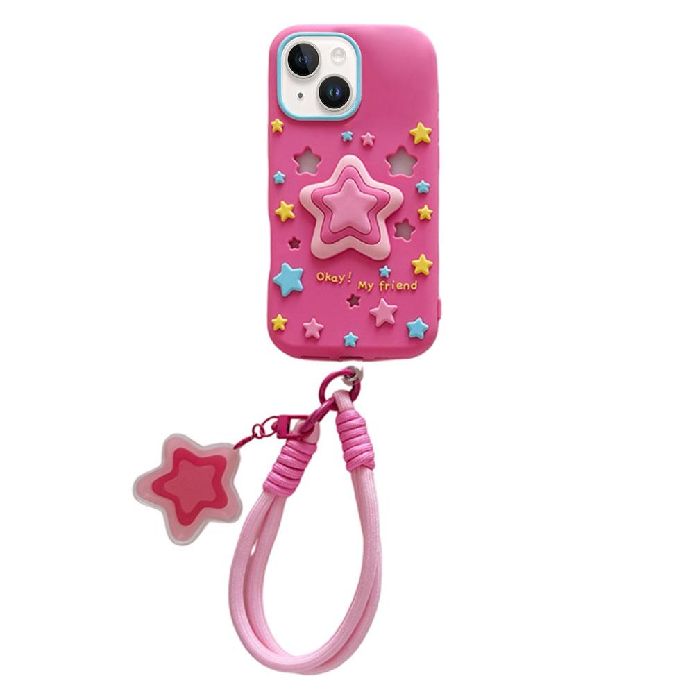 For iPhone 14 Hollow Pressable Star Silicone Phone Case with Lanyard - Rose Red - EDA009893114B