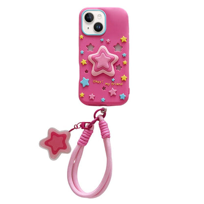 For iPhone 14 Hollow Pressable Star Silicone Phone Case with Lanyard - Rose Red - EDA009893114B