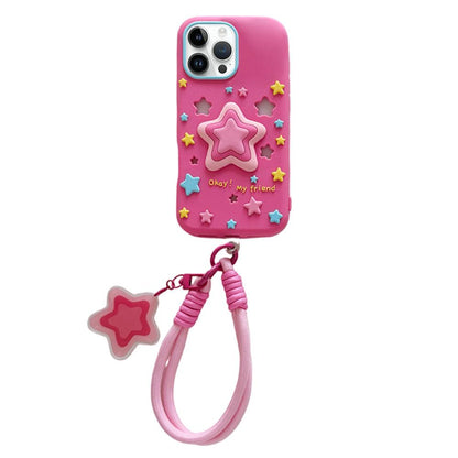 For iPhone 14 Pro Max Hollow Pressable Star Silicone Phone Case with Lanyard - Rose Red - EDA009893116B