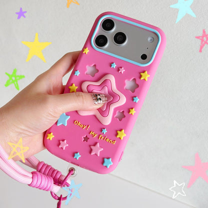 For iPhone 14 Hollow Pressable Star Silicone Phone Case with Lanyard - Rose Red - EDA009893114B
