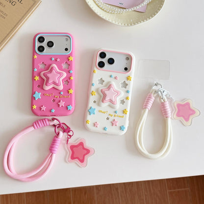 For iPhone 14 Hollow Pressable Star Silicone Phone Case with Lanyard - Rose Red - EDA009893114B