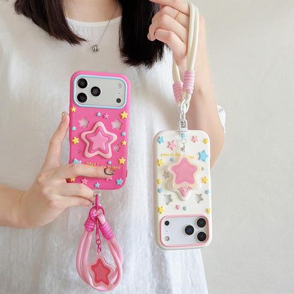 For iPhone 14 Hollow Pressable Star Silicone Phone Case with Lanyard - Rose Red - EDA009893114B